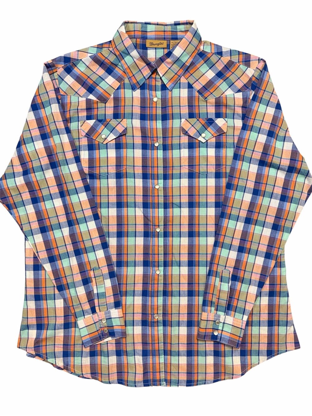 NWOT Wrangler Womens Plaid Western Button-Down in Blue, Orange and Cream sz. XL